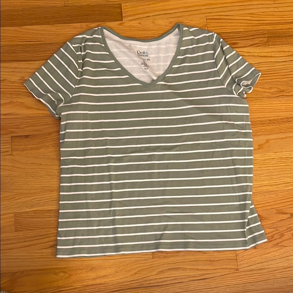 Green Striped V-Neck Top